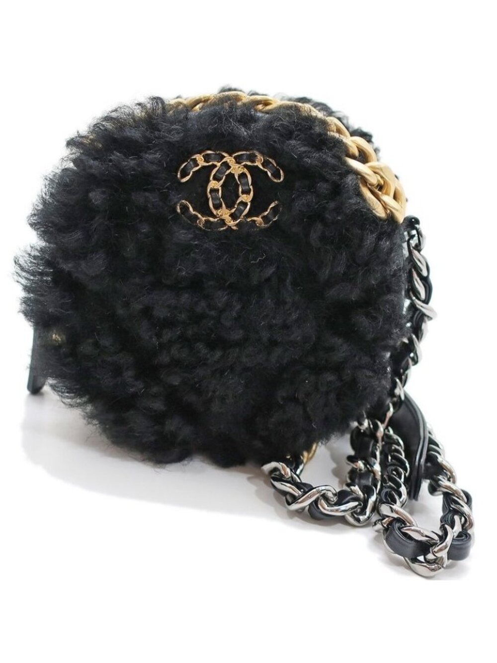 Chanel Round Shearling Shoulder Bag 19 Black Ap0945 Gold Chain